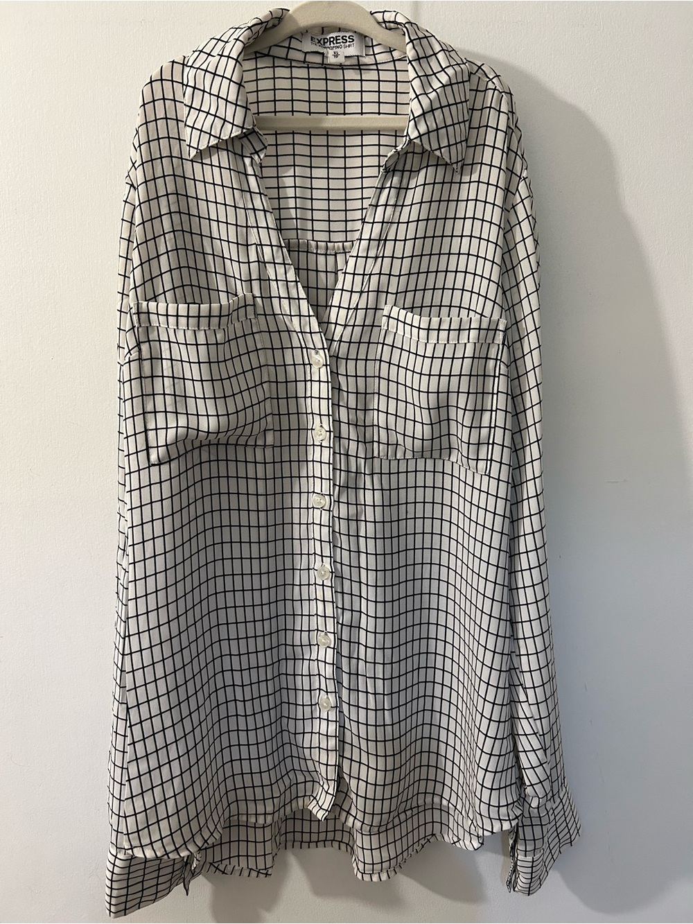 Express Portofino White and Black Grid Button-Up Blouse